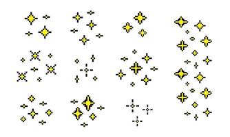 Pixel star shape retro 8 bit sparkle. Shiny game pixel art effect set. Bright firework, decoration twinkle, shiny flash. vector