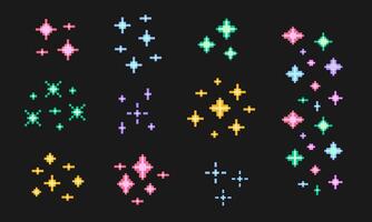 Colorful pixelated 8 bit sparkles symbols . Set of l stars sparkle icon. Multicolor firework, decoration twinkle, shiny flash. vector