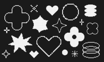 Set of abstract pixelated shape in Y2K vintage style. Background with white heart, stars, circle figure 8bit icons in trendy retro style vector