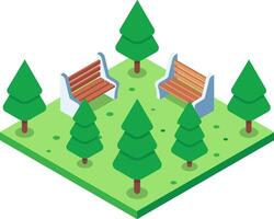 Isometric view of a peaceful green city park with two empty benches nestled among evergreen trees, offering a place for rest and relaxation vector