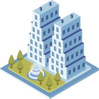 Isometric view of modern skyscrapers towering over a serene green area with a fountain, creating a harmonious urban landscape vector