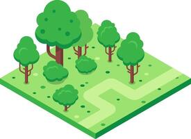 Isometric parkland featuring a winding path, trees, and bushes, creating a tranquil and inviting green space vector