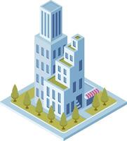 Isometric view of modern skyscraper and office buildings with green areas, representing urban development and sustainable architecture vector