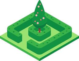 Lush isometric view of a square hedge maze surrounding a single green tree with pink flowers, creating a tranquil garden scene vector
