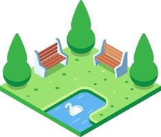 Isometric city park with benches, trees, green grass, and a swan swimming in a pond vector