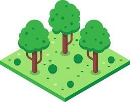 Isometric projection of three green trees growing on a green meadow with bushes represents a small forest or park vector