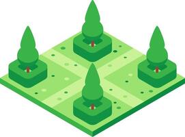 Four trees growing in a square green park divided by paths forming a cross, creating a peaceful and geometric landscape vector