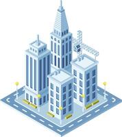 Isometric view of a developing cityscape featuring modern skyscrapers, ongoing construction, and a crane in operation, symbolizing urban growth and development vector
