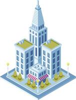 Isometric skyscraper with green roof and small shop at its base, representing modern urban architecture and city planning concepts vector