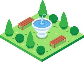 Serene isometric park scene featuring a water fountain, surrounded by benches, trees, and shrubs, creating a peaceful urban oasis vector
