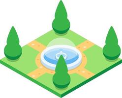 Relaxing isometric park scene featuring a water fountain, lush green grass, and neatly arranged trees, perfect for urban planning and landscaping concepts vector