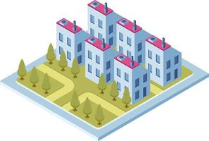 Isometric view of a group of modern residential buildings with green areas, representing urban planning and sustainable living vector