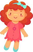 Cheerful rag doll with vibrant red curly hair, adorned with a turquoise bow, wearing a charming pink dress and light blue shoes, stands and smiles, creating a playful and innocent atmosphere vector