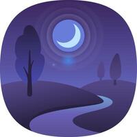 Crescent moon illuminating a serene landscape with a winding river, trees, and a starry night sky, creating a tranquil and magical atmosphere vector