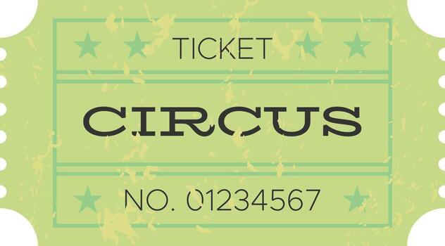 Vintage green circus ticket with black writing and stars, number 01234567, on a white background, exuding nostalgia and history, ideal for retro charm in any design project vector