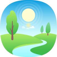 Lush green meadows and trees thrive under a bright sun, a river meandering peacefully through the idyllic countryside scene, creating a harmonious and vibrant landscape vector