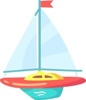Colorful sailboat with open sail and red flag at the top navigating calm waters, perfect for representing leisure, travel, and sea adventures vector
