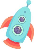 Colorful cartoon rocket ship flying through space with two round windows and three red fins, representing space exploration, futuristic travel, and technological advancement vector