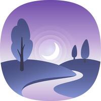 Crescent moon illuminating a tranquil landscape with a winding river, stylized trees, and rolling hills bathed in the soft glow of twilight, evoking a sense of peace and tranquility vector