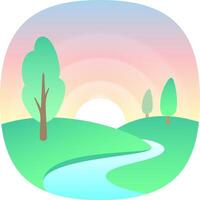 Pastel colored sunrise illuminates a tranquil landscape with stylized trees and a meandering river, creating a peaceful and idyllic scene vector