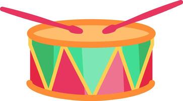 Two drumsticks are hitting a colorful toy drum, creating a cheerful and playful musical scene, perfect for children's illustrations or music related projects vector