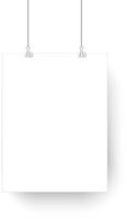 Two metal clips hanging on strings are holding a blank white sheet of paper providing copy space on a white background with slight shadow vector