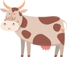 Charming illustration of a smiling cow with orange horns, perfect for kids' books or educational projects needing farmyard charm vector