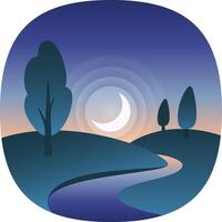 Crescent moon illuminating a tranquil landscape with a winding river, trees, and rolling hills, creating a serene twilight scene vector