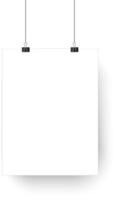 White square poster hanging on two binder clips with strings on a white background, creating a simple and elegant display for announcements or artwork vector