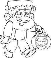 Outlined Frankenstein Cartoon Character Running With Pumpkin Candy Basket vector
