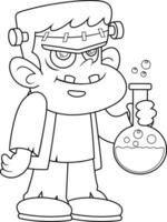Outlined Halloween Frankenstein Cartoon Character Holding A Flask With Fluid Inside vector