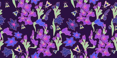 seamless pattern with violet gladiolus on dark background vector