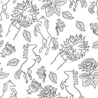 seamless pattern with flower dahlia and horses in doodle style vector