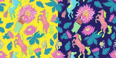 seamless pattern with flower dahlia and horses on two backgrounds vector