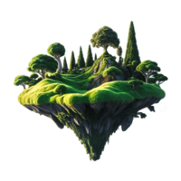 Flying paradise rock fantasy floating island with mountains, trees, and green grass png