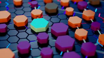 Vibrant Hexagonal Network on a Dark Grid. A Colorful Geometric Display photo