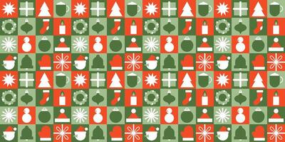 Modern geometric Christmas seamless pattern. Xmas red and green mosaic background. Snowflake, gift box, Christmas tree, bell. Abstract geometrical illustration for wrapping paper, cover, print vector