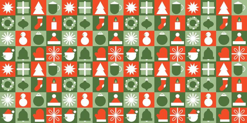 Modern geometric Christmas seamless pattern. Xmas red and green mosaic background. Snowflake, gift box, Christmas tree, bell. Abstract geometrical illustration for wrapping paper, cover, print