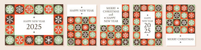 Merry Christmas and Happy New Year greeting card set. Vertical and horizontal a4 poster. Minimalist geometric modern Xmas design with various snowflakes. For invitation, cover, banner vector