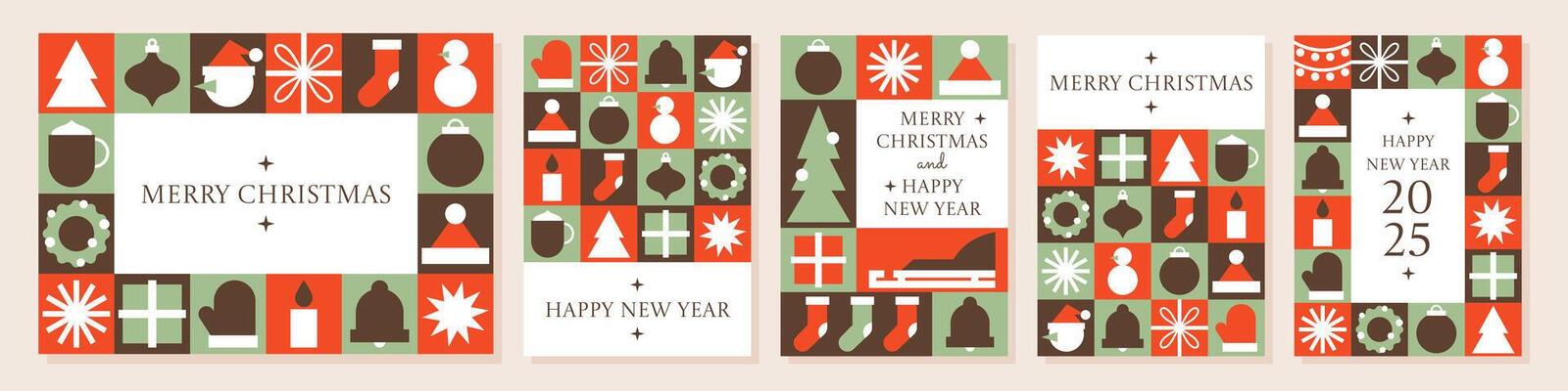 Merry Christmas and Happy New Year greeting card set. Vertical and horizontal a4 poster. Minimalist geometric modern Xmas design. Snowflakes, Christmas tree, gift, sleigh. For invitation, cover