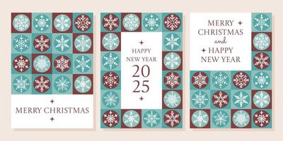 Merry Christmas and Happy New Year geometrical cards set, a4 flat poster. Minimalist geometric modern style. Xmas background with snowflakes. For invitation, greeting card vector