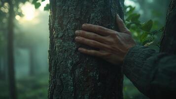 Hand touching tree trunk in a misty forest. Nature connection and tranquility concept photo