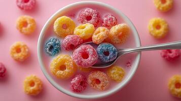 Colorful cereal rings in milk with spoon, vibrant breakfast scene. Fun and playful morning concept photo
