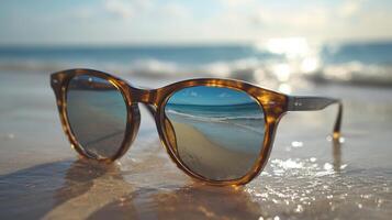 Sunglasses on sandy beach reflecting ocean view photo