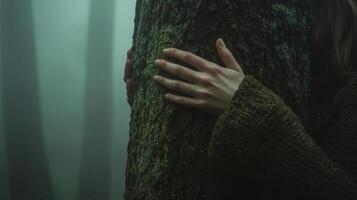 Person hugging tree in misty forest, nature connection concept photo