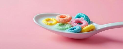 Colorful cereal loops on a spoon with milk against a pink backdrop. Breakfast and childhood nostalgia concept photo