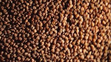 Dry Uncooked Brown Buckwheat Groats, Rotating Clockwise - Top View, Low Key Light. Raw Large Buckwheat Grains. Russian, Ukrainian and Belarusian Culture. Rotation Right video