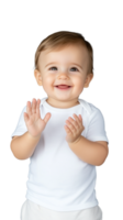 Smiling baby clapping hands in white shirt on transparent background, joyful expression png