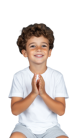 sorridente Garoto dentro branco camisa com mãos apertado dentro frente, transparente fundo, alegre expressão png