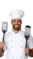 Smiling chef in white uniform holding two spatulas, transparent background, joyful expression png